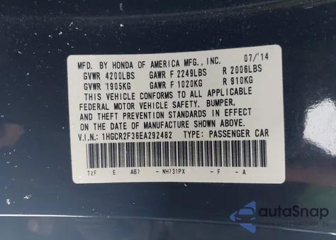 2014 Honda Accord Lx из США, поврежденный, VIN 1HGCR2F36EA292482